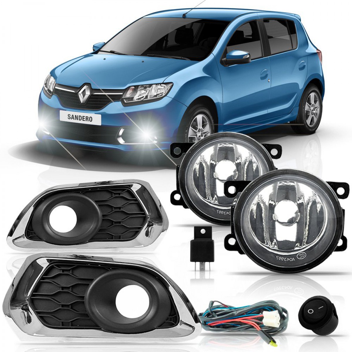 Kit Farol de Milha Sandero 2015-2019 Com molduras cromadas